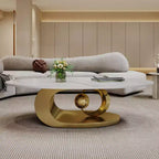 49 Oval Coffee Table, Faux Marble Top with Stainless Steel Base, Contemporary Center Table for Living Room-Panipeachy
