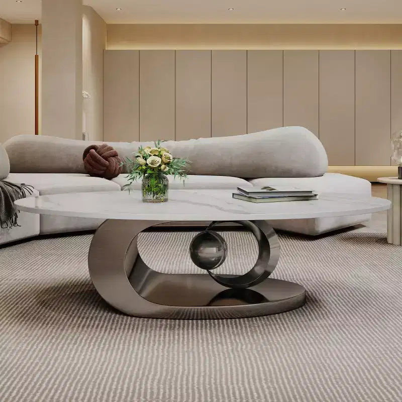 49 Oval Coffee Table, Faux Marble Top with Stainless Steel Base, Contemporary Center Table for Living Room-Panipeachy