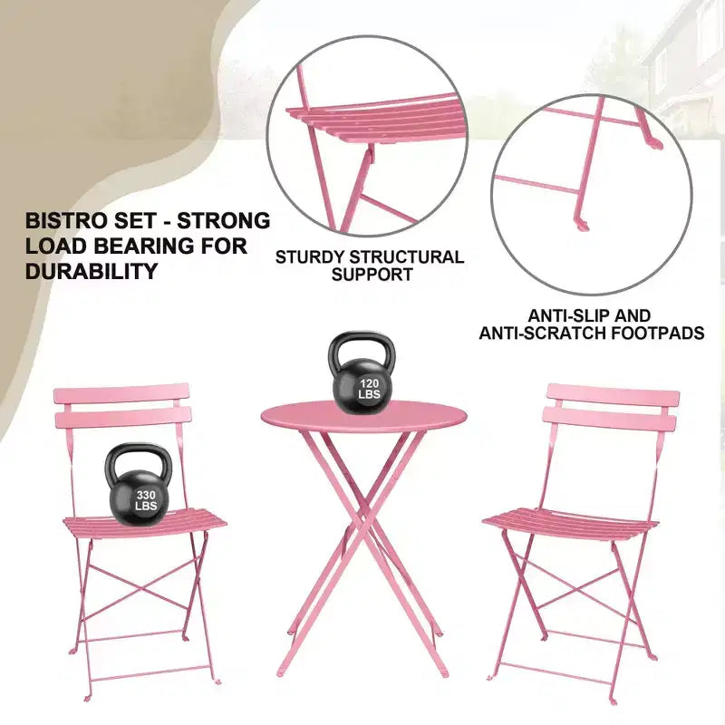3 Piece Patio Bistro Sets, Outdoor Patio Furniture Set with Round Table and 2 Folding Chairs, for Porch, Balcony, Garden