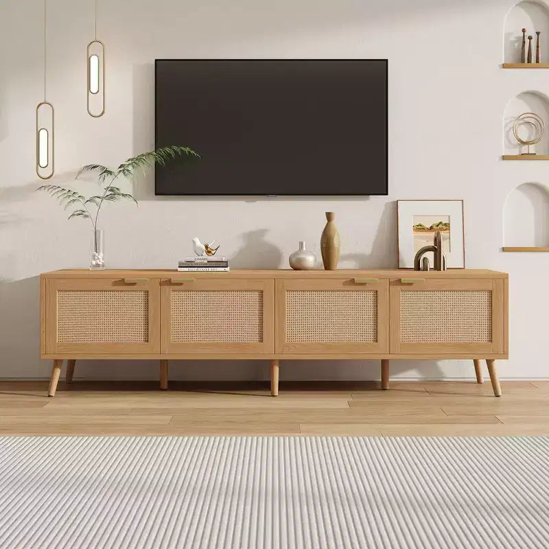 70 Inch Modern TV Stand with Rattan Doors for TVs up to 80 Inches Media Console with Storage Space and Cable Holes for Living Room