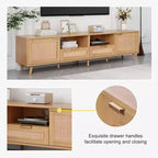 78.74 Inch Natural Rattan TV Stand for TVs up to 85 Inches Media Console with Solid Wood Legs for Living Room Home Theatre