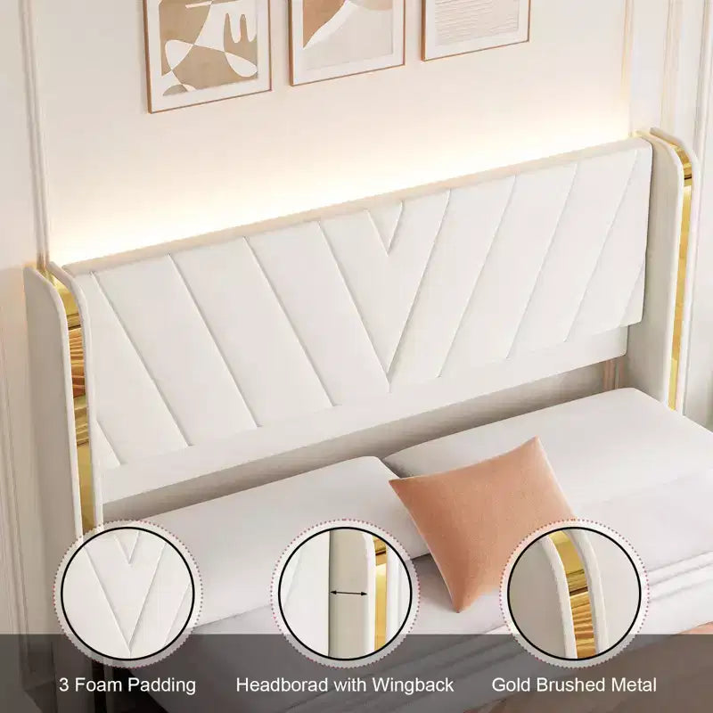 Upholstered LED Bed Frame 1200 LBS, RGB Lights with Remote, Wingback Foam Headboard, Gold Metal Trim & 4 Storage Drawers Noise-Free Easy Install