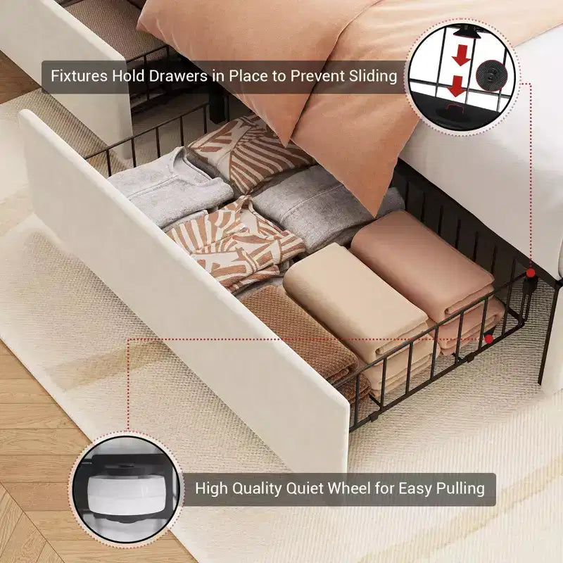Upholstered LED Bed Frame 1200 LBS, RGB Lights with Remote, Wingback Foam Headboard, Gold Metal Trim & 4 Storage Drawers Noise-Free Easy Install