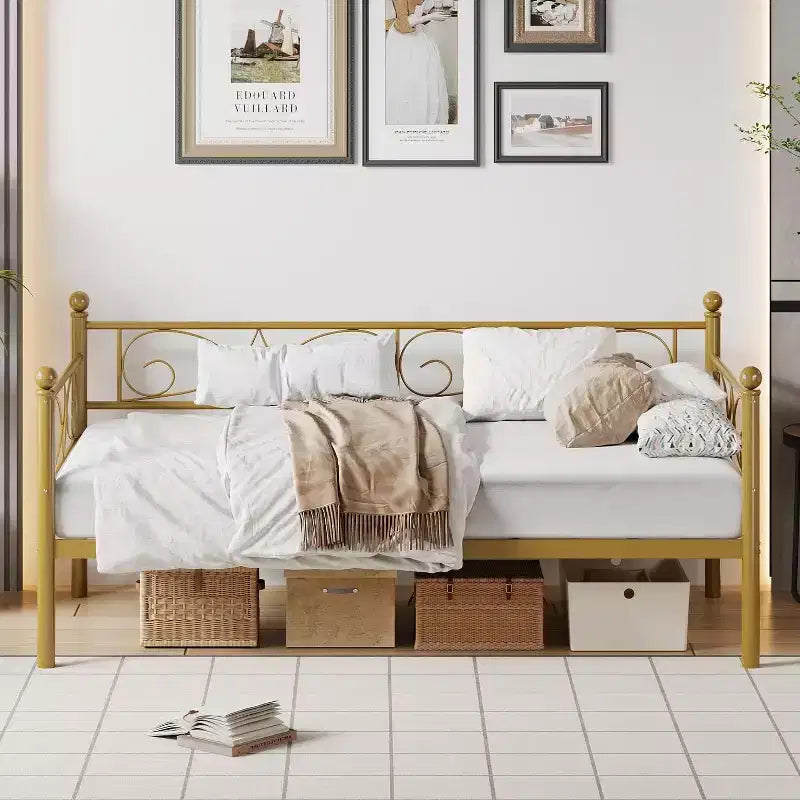 Twin Gold Metal Daybed Frame with Heavy Duty Slats, Convertible Sofa Bed for Living Room and Bedroom, Space Saving Design