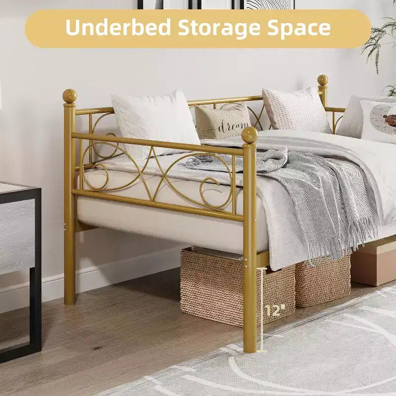 Twin Gold Metal Daybed Frame with Heavy Duty Slats, Convertible Sofa Bed for Living Room and Bedroom, Space Saving Design