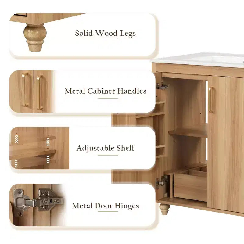 Bathroom Vanity Cabinet with Ceramic Sink Top Set, Freestanding Single Basin Vanity Storage Cabinet Bathroom Organizer with Shelves and Drawer Natural