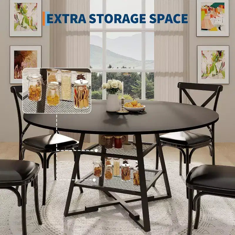 Acekool 47 Inch Round Dining Table with Storage Shelf, Metal Base Kitchen Table for 4-6