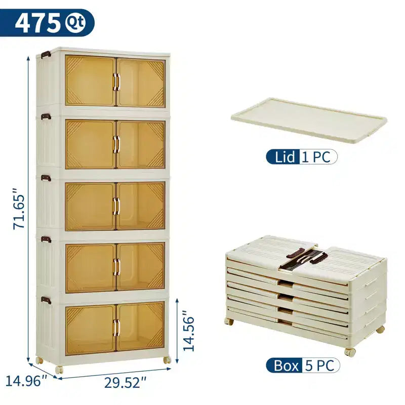 Stackable Storage Bins with Lids, Plastic Storage Drawers with Magnetic Doors and Wheels, Foldable Collapsible Closet Organizers, for Home, Dorm