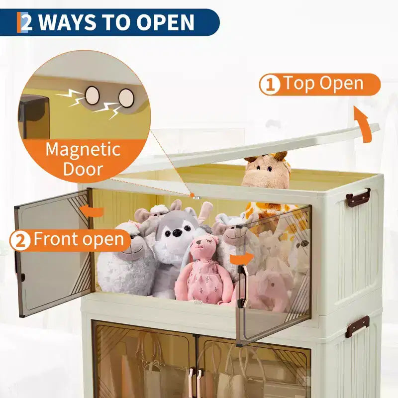 Stackable Storage Bins with Lids, Plastic Storage Drawers with Magnetic Doors and Wheels, Foldable Collapsible Closet Organizers, for Home, Dorm