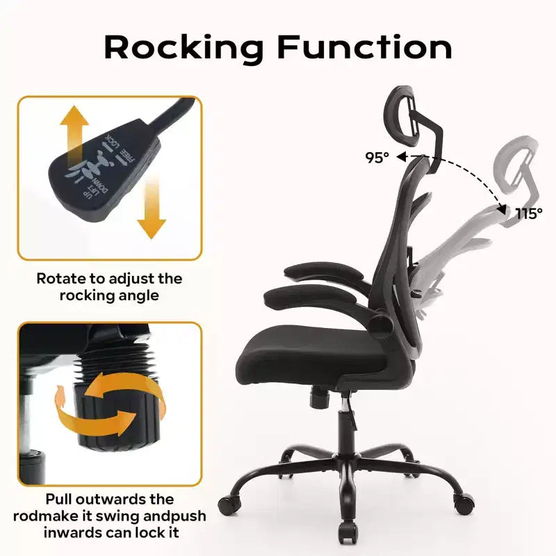 Silla de Oficina Ergonómica, Silla de Escritorio de Computadora de Respaldo Alto con Altura Ajustable y Apoyabrazos Abatibles, Silla de Juego Cómoda de Malla para Oficina en Casa