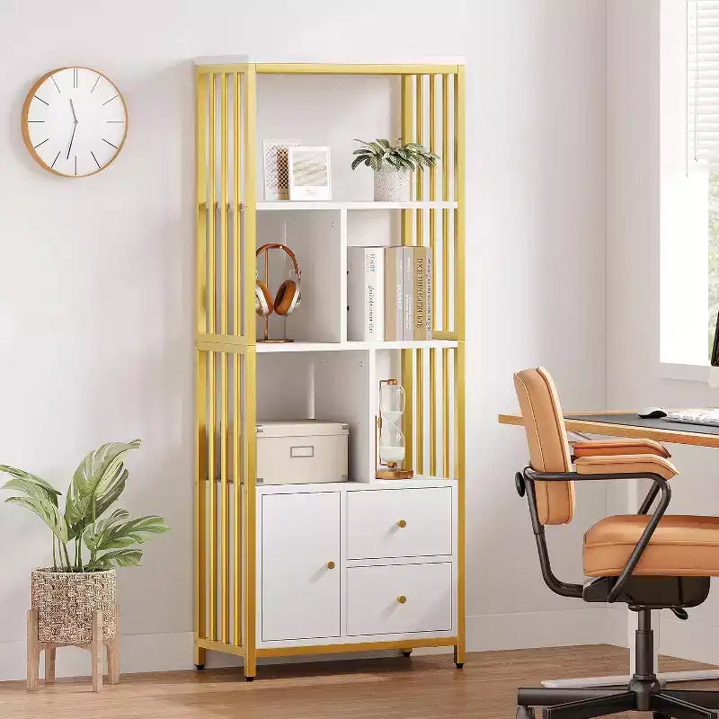 62 Gold Bookshelf w/ 3 Drawers & Door, 4-Tier White Gold Bookcase with Metal Frame, Floor Standing Display Storage Cabinet for Office Living Room
