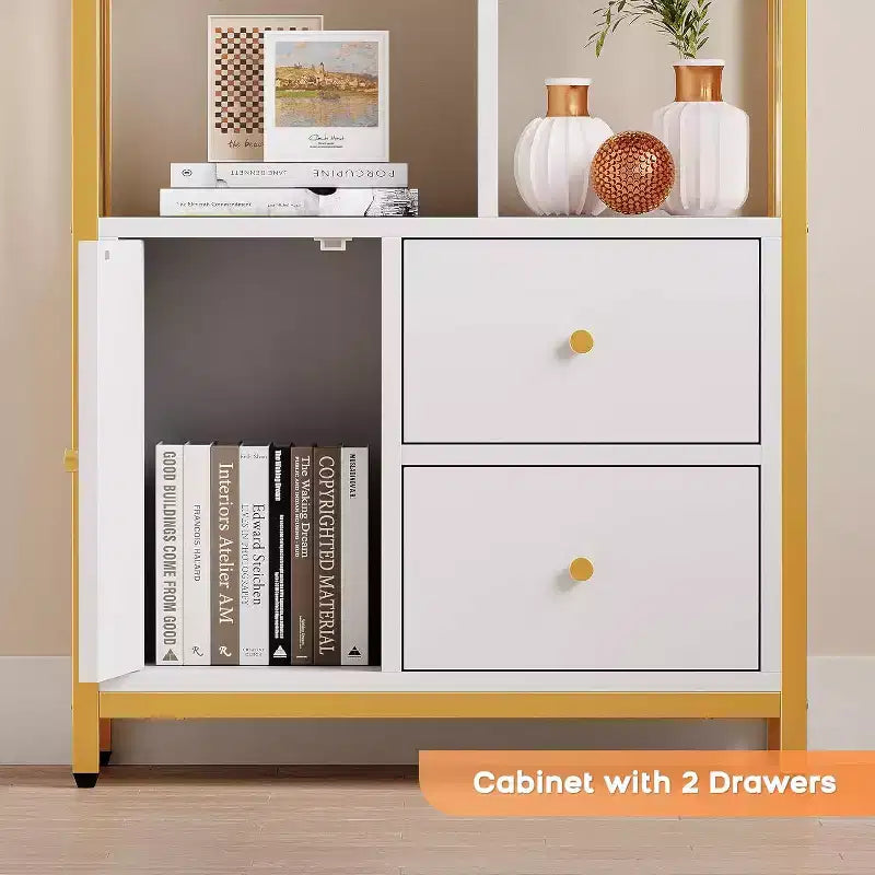 62 Gold Bookshelf w/ 3 Drawers & Door, 4-Tier White Gold Bookcase with Metal Frame, Floor Standing Display Storage Cabinet for Office Living Room