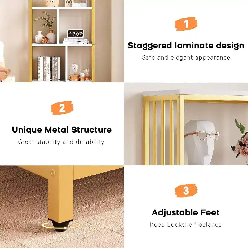 62 Gold Bookshelf w/ 3 Drawers & Door, 4-Tier White Gold Bookcase with Metal Frame, Floor Standing Display Storage Cabinet for Office Living Room