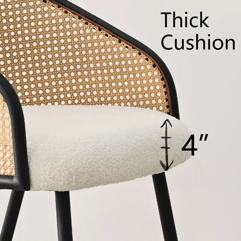 Upholstered Dining Chairs Set of 4, Comfortable Rattan Kitchen Armchair with Soft Boucl Fabric Seat & Black Metal Legs - Panipeachy
