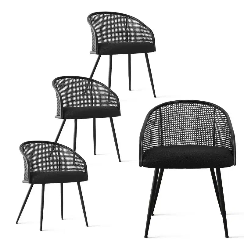 Upholstered Dining Chairs Set of 4, Comfortable Rattan Kitchen Armchair with Soft Boucl Fabric Seat & Black Metal Legs - Panipeachy