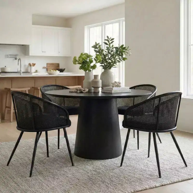 Upholstered Dining Chairs Set of 4, Comfortable Rattan Kitchen Armchair with Soft Boucl Fabric Seat & Black Metal Legs - Panipeachy