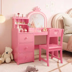 2-in-1 Child Vanity with Lights, Pink Princess Makeup Table & Writing Desk, Wooden Toddler Vanity with Stool, DrawersConvertible Girls play Desk