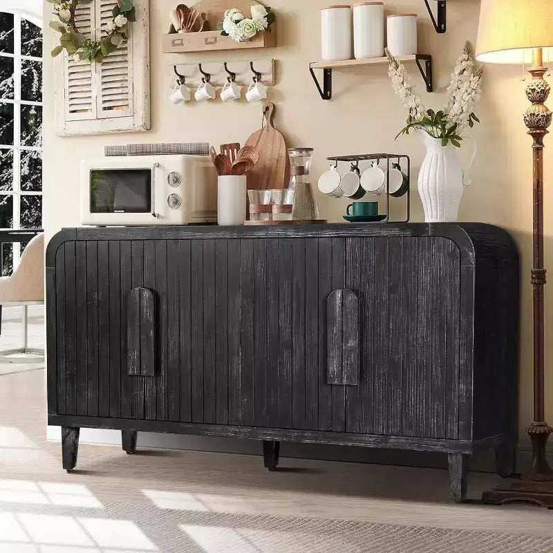 59 Farmhouse Curved Vintage Storage Sideboard with Large Wooden Handles, Vertical Wood Grain Carving and Adjustable Shelves