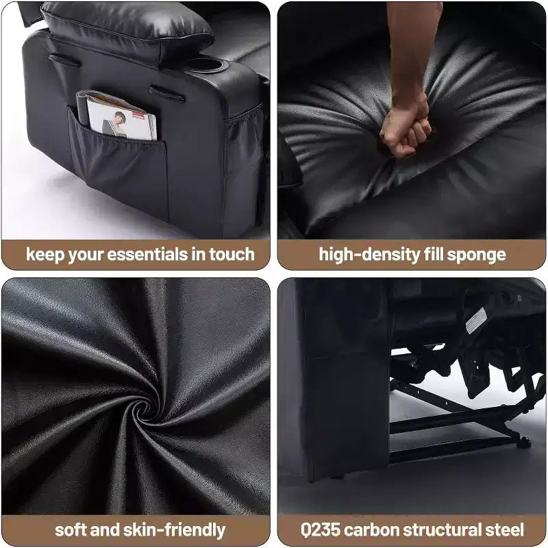 PU Genuine Leather Extra-wide Manual Lounge Chair, Suitable for Massage and Hot Compress, with 2 Cup Holders and Pockets, Suitable for Adults