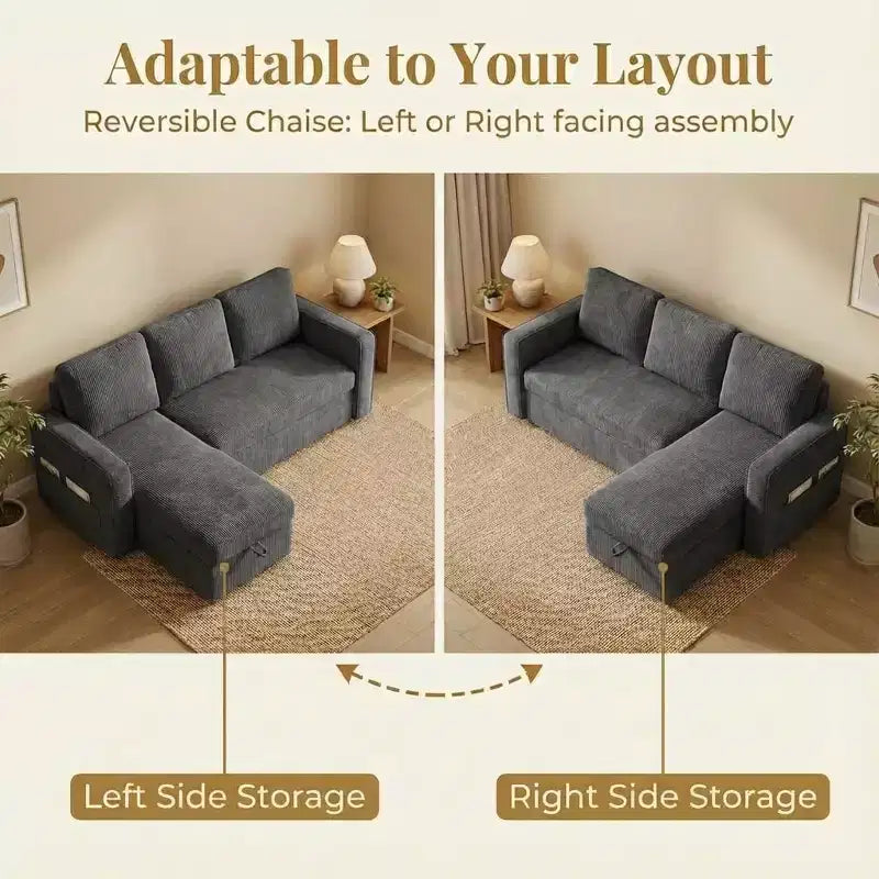 Dyonery 81 Sleeper Sofa Bed with Storage, L-Shaped Sectional Pull Out Couch with Reversible Chaise and USB Ports