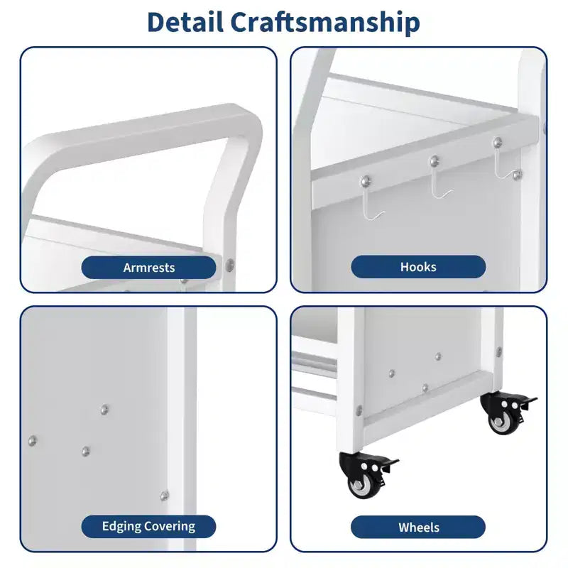 3-Tier Metal Rolling Storage Cart with Lockable Wheels and Side Hooks, White Finish, Versatile Shelving Unit for Home, Library, School, and Office