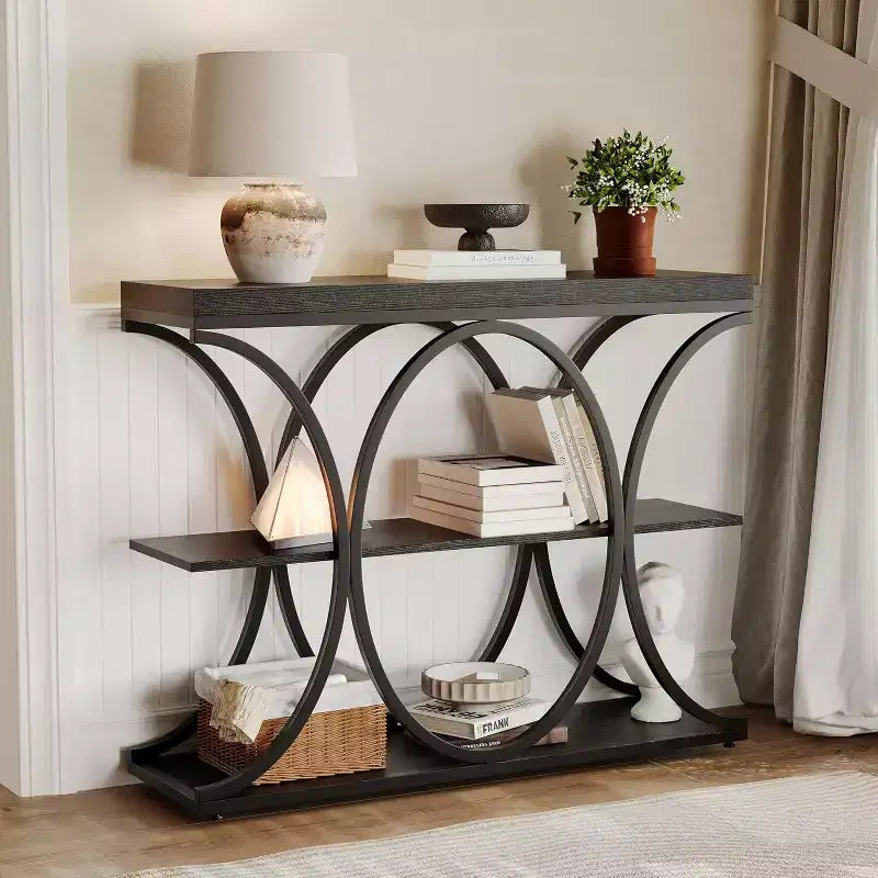 Acekool Grain Console Table, Slim 3-Tier Sofa Table with Geometric Legs for Entryway or Behind Couch