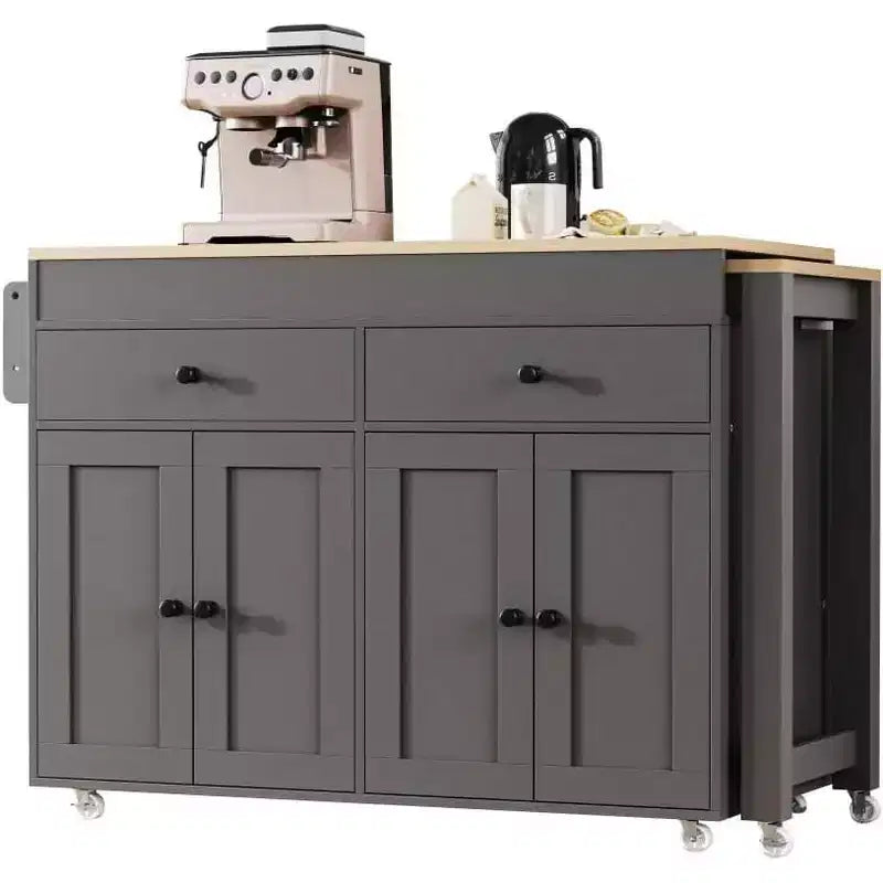 74.5 Rolling Kitchen Island Cart on WheelsExtendable Table, Spice Rack, 2 Drawers, 4 Doors; Grey Trolley for Home, Kitchen, or Garage