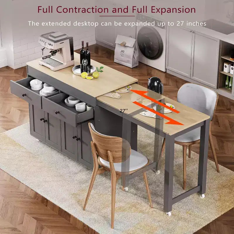 74.5 Rolling Kitchen Island Cart on WheelsExtendable Table, Spice Rack, 2 Drawers, 4 Doors; Grey Trolley for Home, Kitchen, or Garage