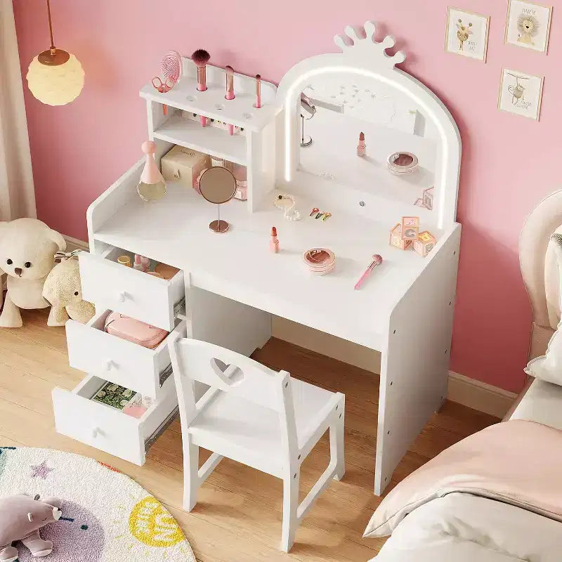 Acekool Kids Vanity with Lights, 2-in-1 Princess Makeup Table with Stool & Drawers, Convertible Desk for Bedroom