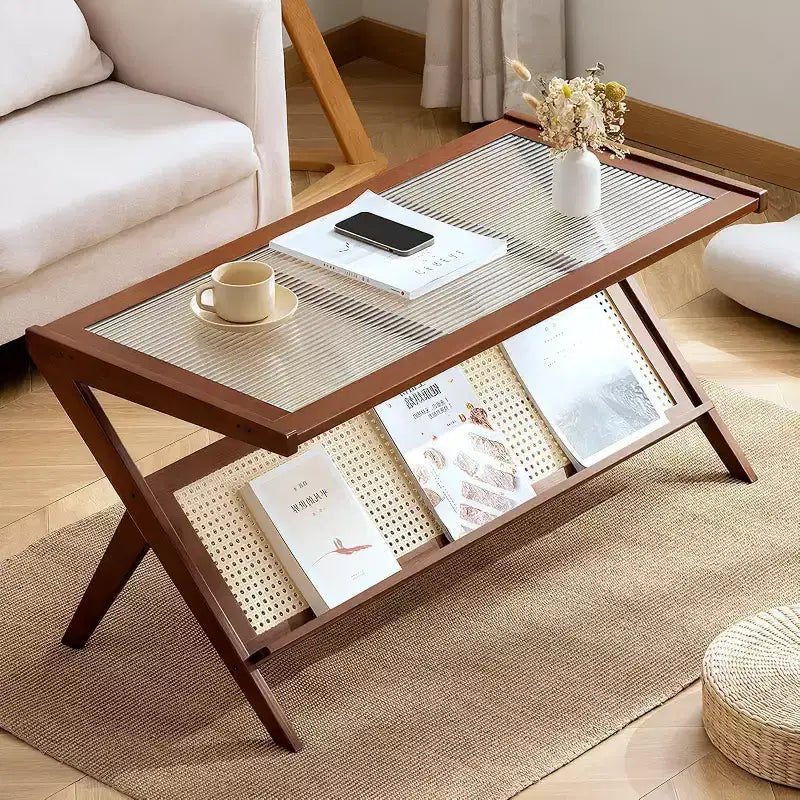 Rattan Coffee Table with Glass Top, Mid Century Modern Center Table with Magazine Rack Storage, Bamboo Z-Shaped Living Room Accent Table for Sofa