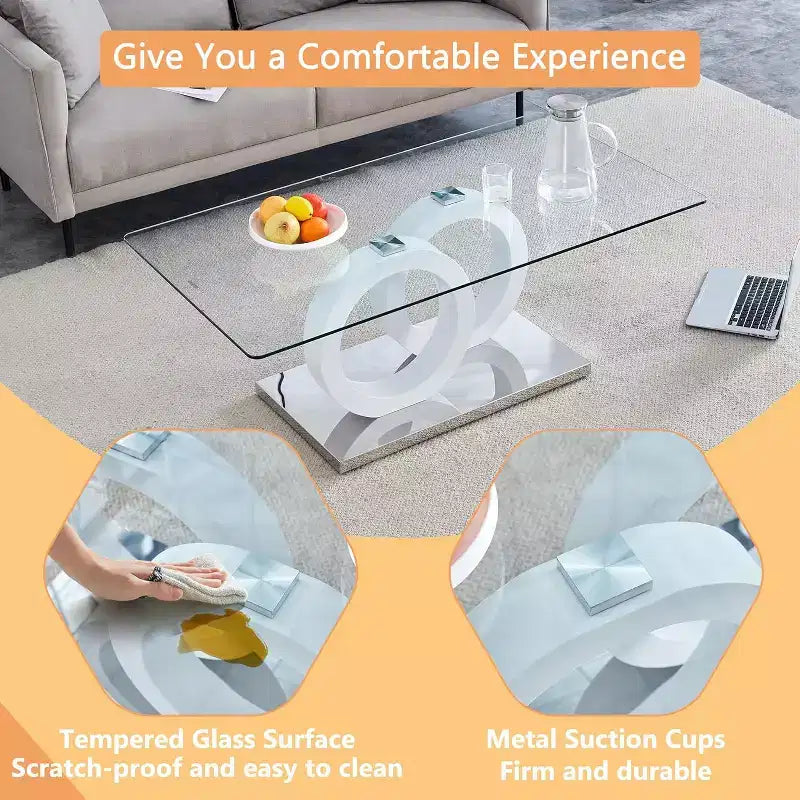 Glass Coffee Table for Living Room, Center Table, Living Room Table with Clear Tempered Glass Top and Steady Wood Color OO Shaped Base
