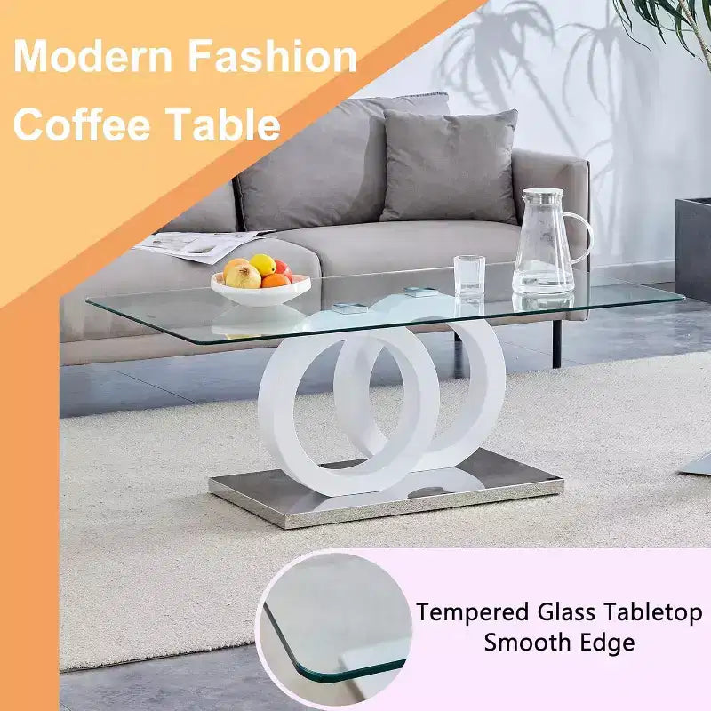 Glass Coffee Table for Living Room, Center Table, Living Room Table with Clear Tempered Glass Top and Steady Wood Color OO Shaped Base
