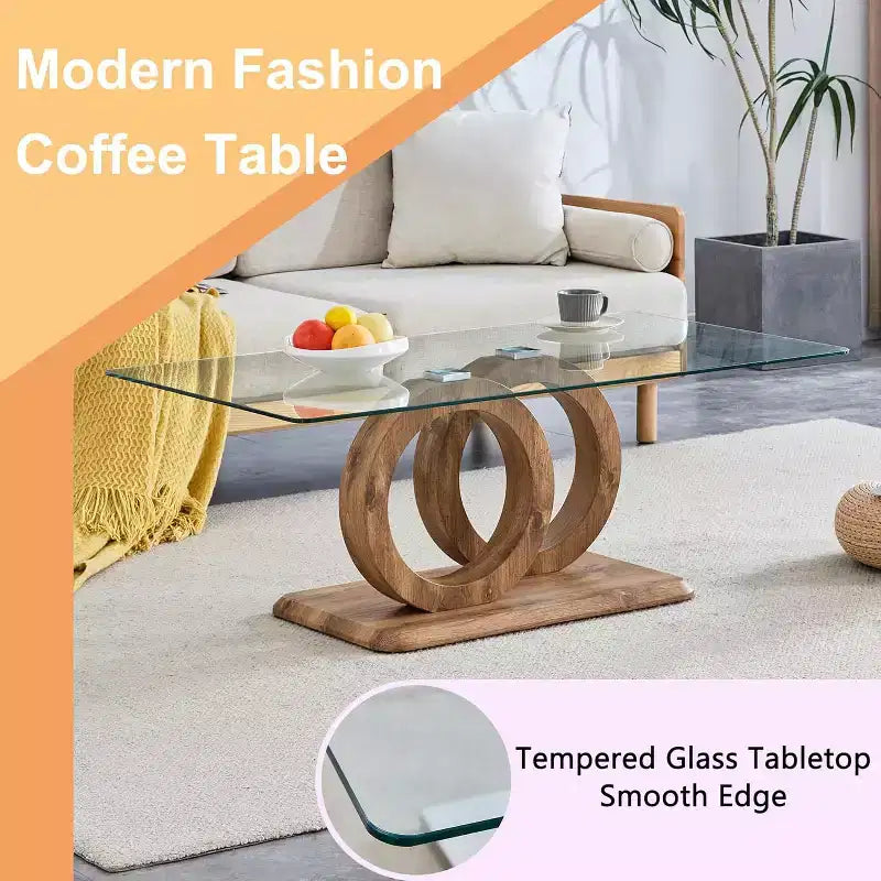 Glass Coffee Table for Living Room, Center Table, Living Room Table with Clear Tempered Glass Top and Steady Wood Color OO Shaped Base
