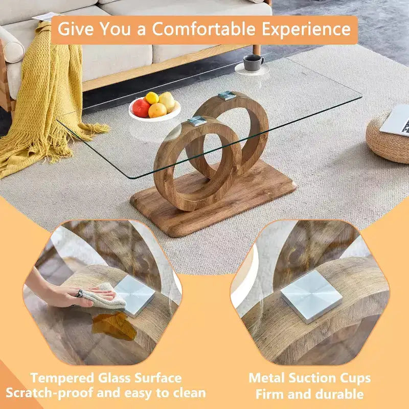 Glass Coffee Table for Living Room, Center Table, Living Room Table with Clear Tempered Glass Top and Steady Wood Color OO Shaped Base