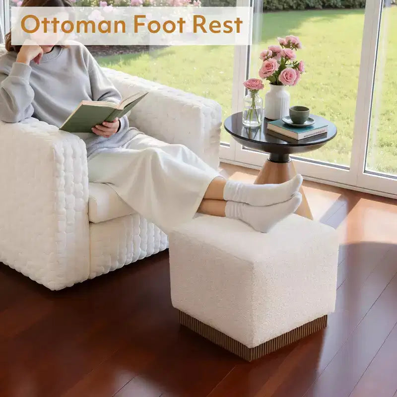 Bekrvio Cube Pouf Ottoman with Wood Grain Base, Lambswool/Leather Upholstered Footrest with Solid Acacia Wood Frame (500 lbs), Living Room Ottoman