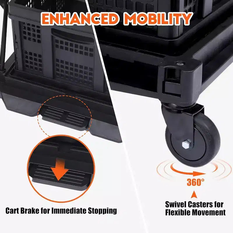 Two Layers Folding Shopping Carts,Multi Use Collapsible Carts with 360 Rolling Swivel Wheels Shopping Cart with Storage Crate for Groceries, Warehouse