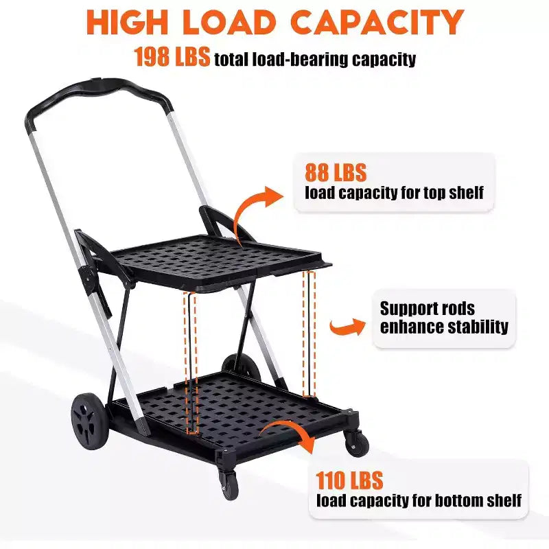 Two Layers Folding Shopping Carts,Multi Use Collapsible Carts with 360 Rolling Swivel Wheels Shopping Cart with Storage Crate for Groceries, Warehouse