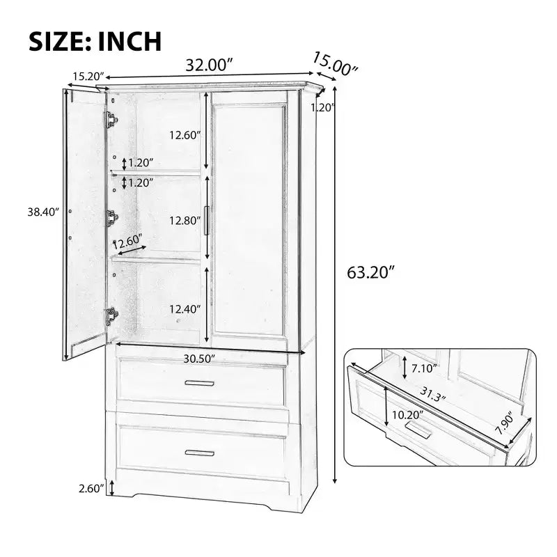 CASAINC Tall Bathroom Storage Cabinet with Two Doors and Drawers, Adjustable Shelf, MDF Board