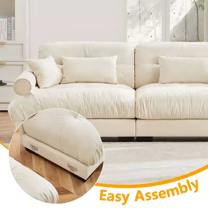 Modern 2-Seater Velvet Modular Sofa with Ottoman, Cloud-Like Cushions and Round Armrests, L-Shape Couch for Living Room or Lounge - Panipeachy