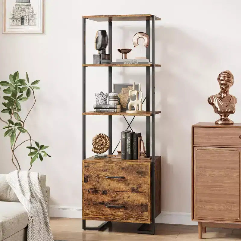 4 Shelf Bookcase with Storage Drawers, 70.9 Inch High Open Display Shelf for Living Room, Bedroom, Office