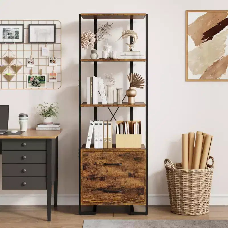 4 Shelf Bookcase with Storage Drawers, 70.9 Inch High Open Display Shelf for Living Room, Bedroom, Office