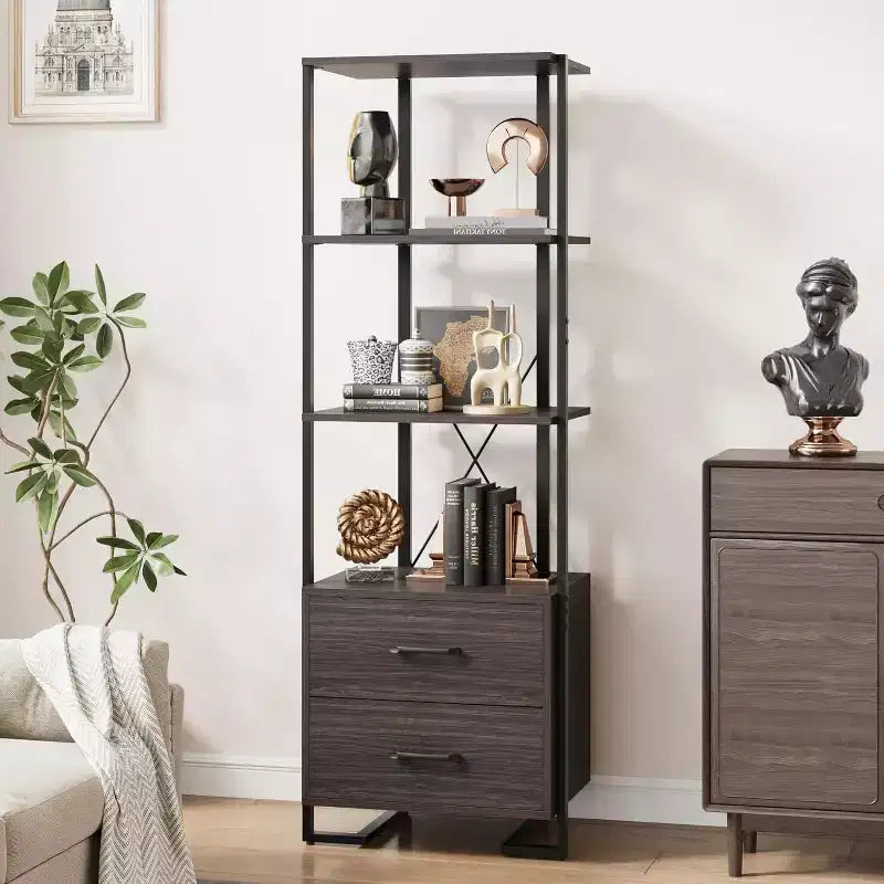 4 Shelf Bookcase with Storage Drawers, 70.9 Inch High Open Display Shelf for Living Room, Bedroom, Office
