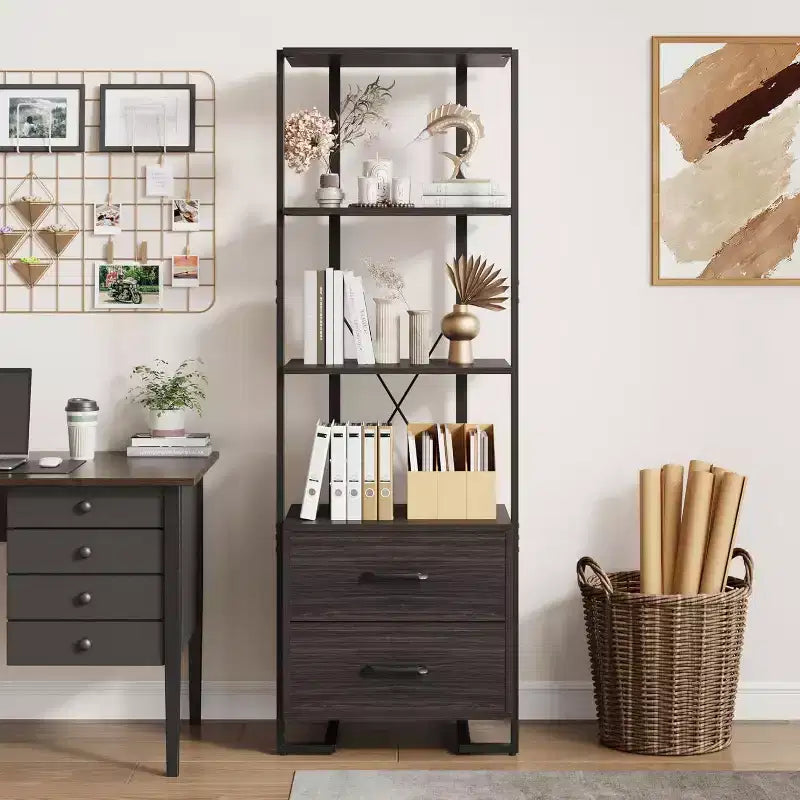 4 Shelf Bookcase with Storage Drawers, 70.9 Inch High Open Display Shelf for Living Room, Bedroom, Office