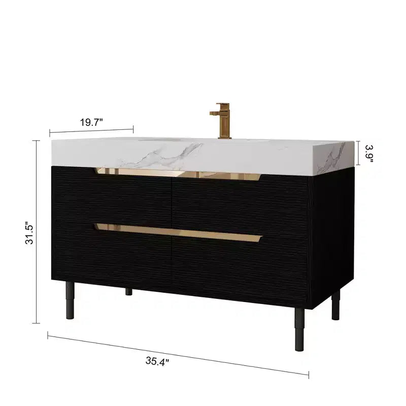 Modern bathroom vanity with undermount sink, sintered stone countertop, waterproof multi-layer solid wood, 4-drawer storage cabinet Black+White