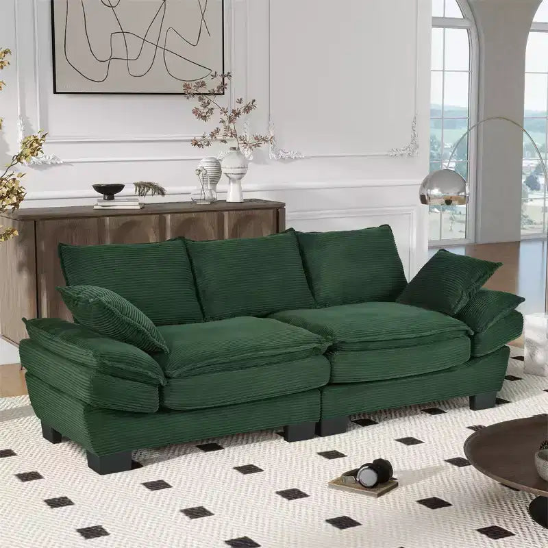 85.4in Modern Curved Sofa, Back Upholstered Couch with 2 Decorative Throw Pillows, Corduroy Fabric Couch for Living Room, Bedroom , Apartment