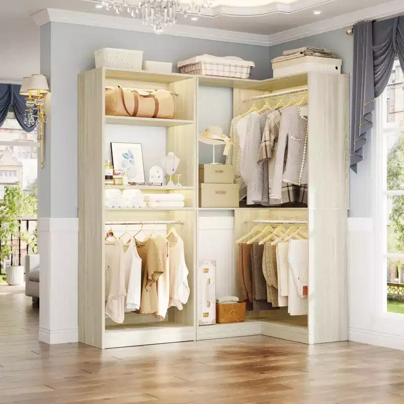 Besiost Walk-In Closet Organizers with 7 Shelves, Freestanding Corner Closet Sysrtem with Storage and 4 Rods