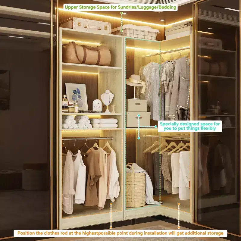 Besiost Walk-In Closet Organizers with 7 Shelves, Freestanding Corner Closet Sysrtem with Storage and 4 Rods
