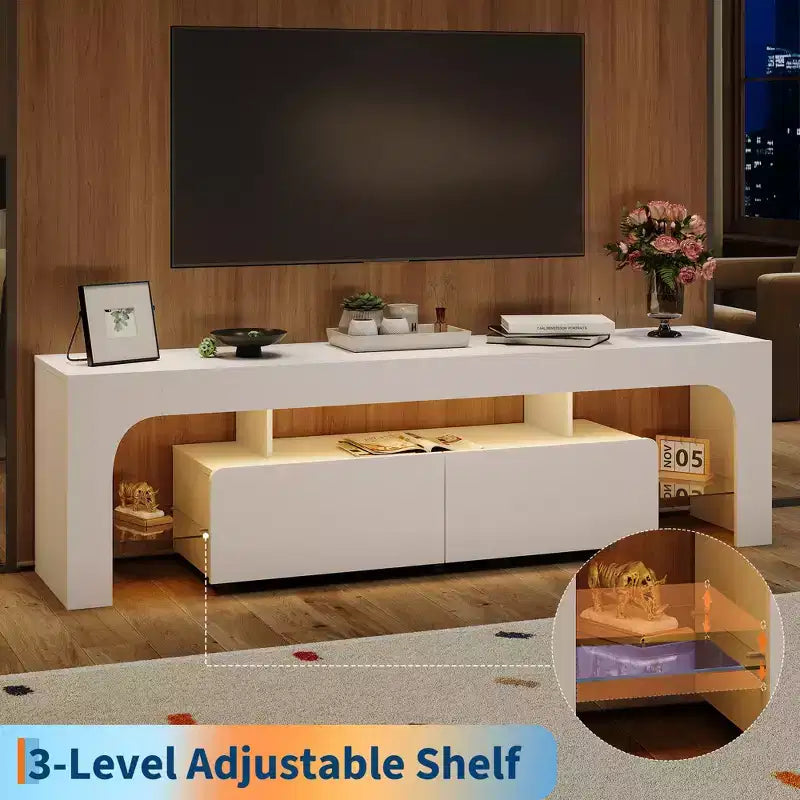 Modern Lighting TV Stand with Large Storage Drawer for 50-75 Inch TVs, TV Console Table, Entertainment Center Media for Living Room, Bedroom