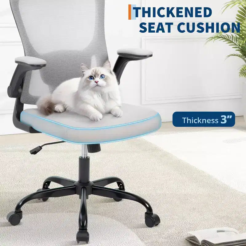 Silla de oficina de malla gris de alta gama ergonómica prémium - Altura ajustable, reposabrazos plegables y soporte lumbar - Cómodo asiento giratorio para el hogar, juegos y trabajo