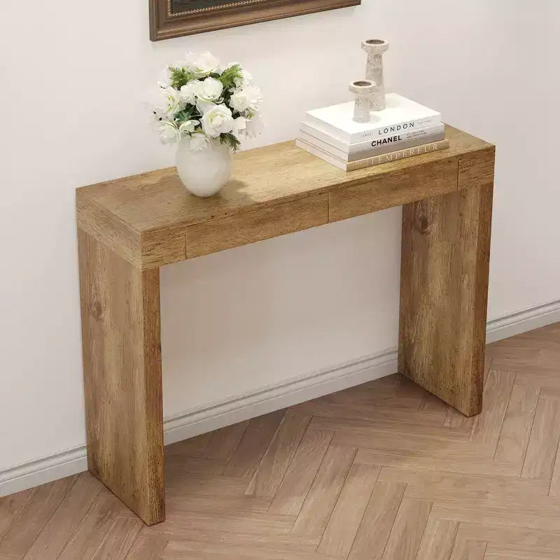 Okak Elegant Wood Grain Texture Veneer Console Table with 2 Drawers,Farmhouse Sofa Table Bar Table for Living Room,Hallway